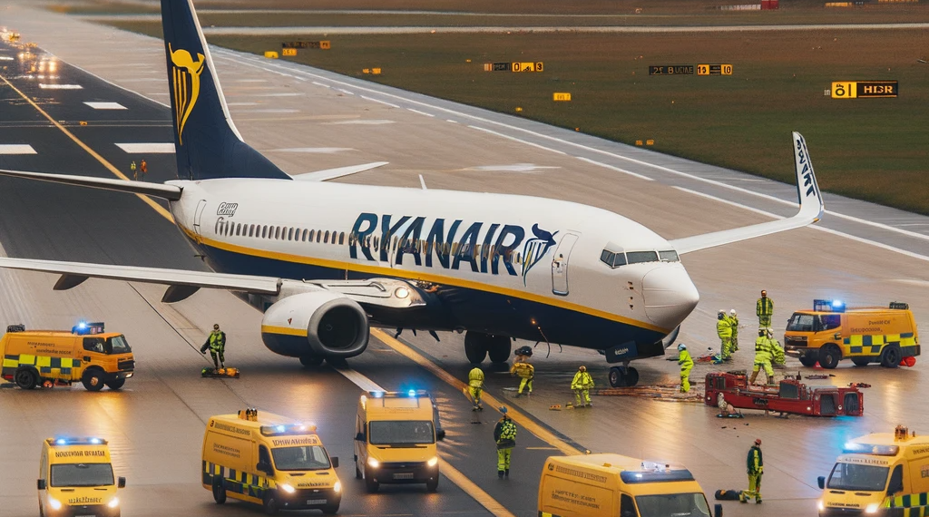 Illustration of an airport scene where a commercial jet with a design similar to a Ryanair plane is being attended to by emergency crews. The airport
