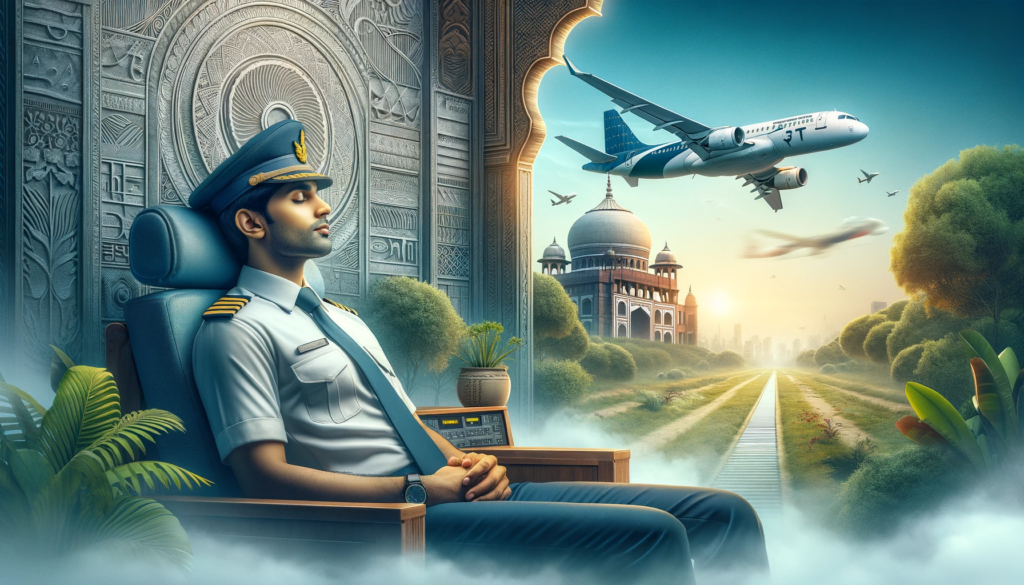 DGCA-new-aviation-safety-regulations-in-India.-The-foreground-shows-a-serene-Indian-pilot-in-uniform-getting-ample-rest