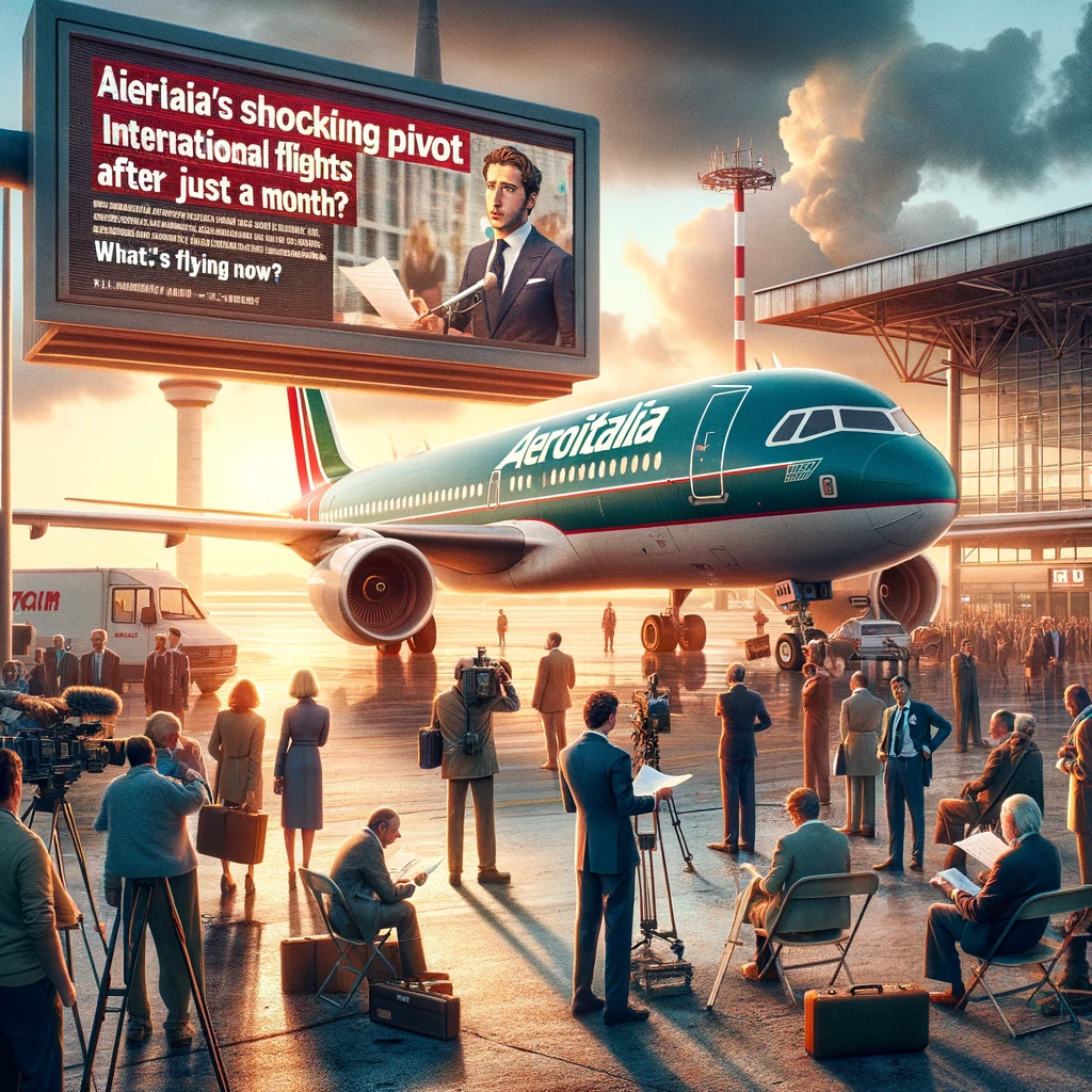 A dramatic scene at an airport terminal, with a large Aeroitalia branded aircraft parked at the gate.