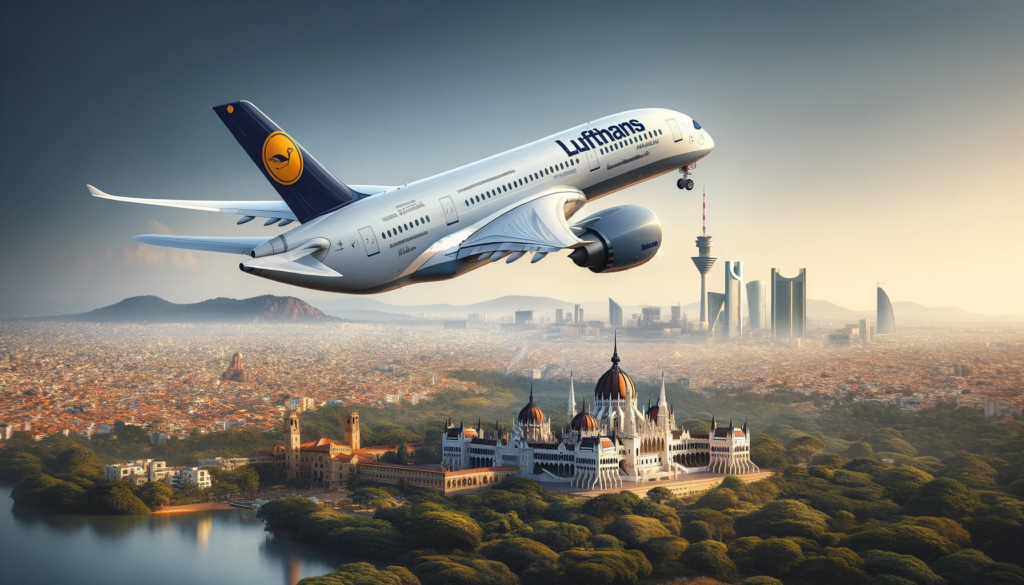 A realistic image of a luxurious Lufthansa Airbus A350 taking off from Bengaluru, India, heading to Munich, Germany. The scene is set against a clear