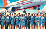 Air-India-Express-aircraft-on-the-tarmac-with-clear-blue-skies-above.-In-the-foreground-a-group-of-diverse-cabin-crew-members-in-their-Air-India-Express