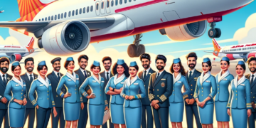 Air-India-Express-aircraft-on-the-tarmac-with-clear-blue-skies-above.-In-the-foreground-a-group-of-diverse-cabin-crew-members-in-their-Air-India-Express