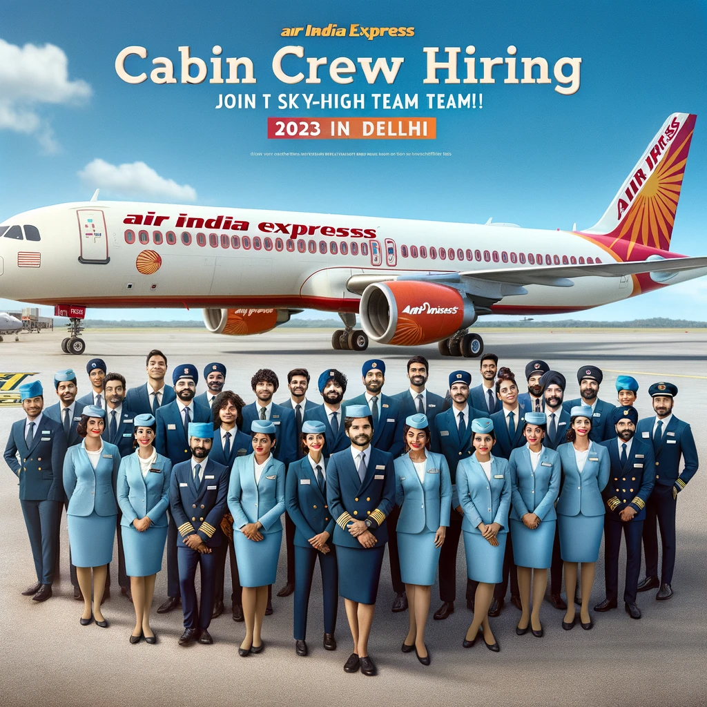 Air-India-Express-aircraft-on-the-tarmac-with-clear-blue-skies-above.-In-the-foreground-a-group-of-diverse-cabin-crew-members-in-their-Air-India-Express