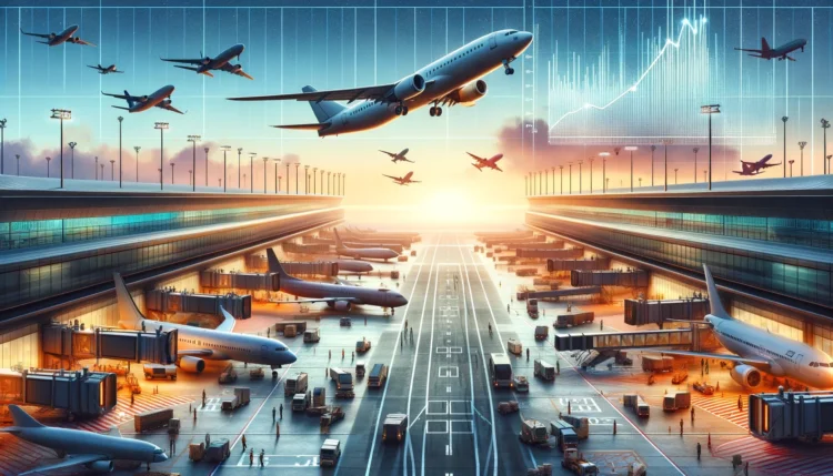 A-airport-runway-bustling-with-various-types-of-aircraft-from-different-airlines-symbolizing-a-vibrant-rebound-in-air-travel