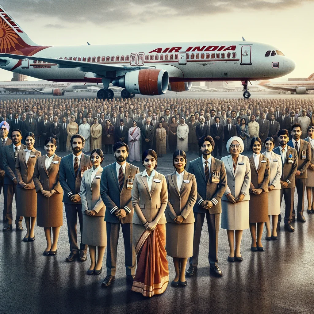 An-Air-India-aircraft-parked-at-an-airport-with-the-airlines-logo-visible.-In-the-foreground-a-group-of-Air-India-cabin-crew-in-uniform