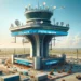 An advanced and modern air traffic control (ATC) tower at Noida International Airport, showing a significant milestone completion with a banner