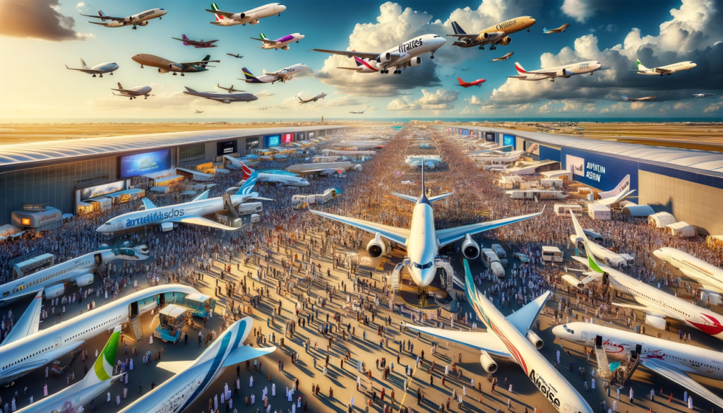 bustling Dubai Air Show-international-aviation-event-under-a-clear-blue-sky.-In-the-foreground-a-variety-of-commercial-aircraft-are-on-display