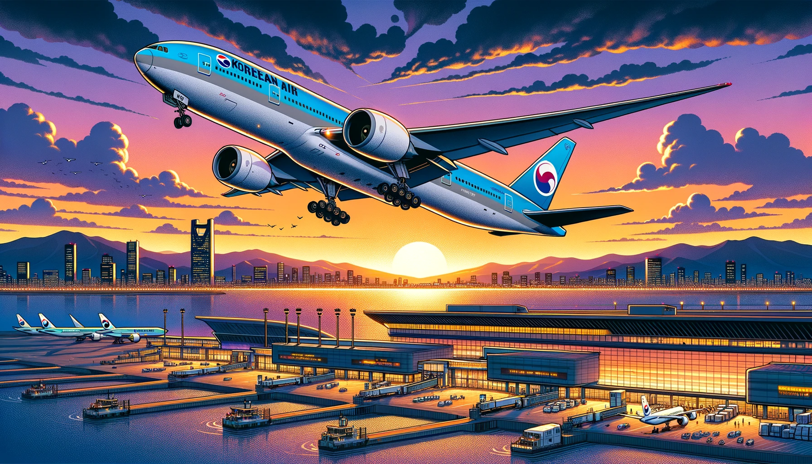 Illustration-of-a-Korean-Air-Boeing-777-taking-off-from-Osakas-Kansai-International-Airport.