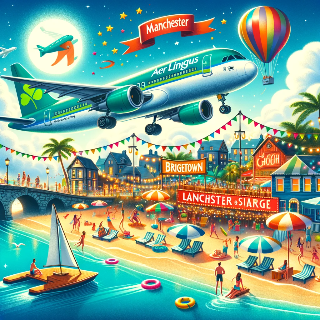 Illustration-of-a-festive-beach-scene-with-a-large-Aer-Lingus-plane-flying-overhead
