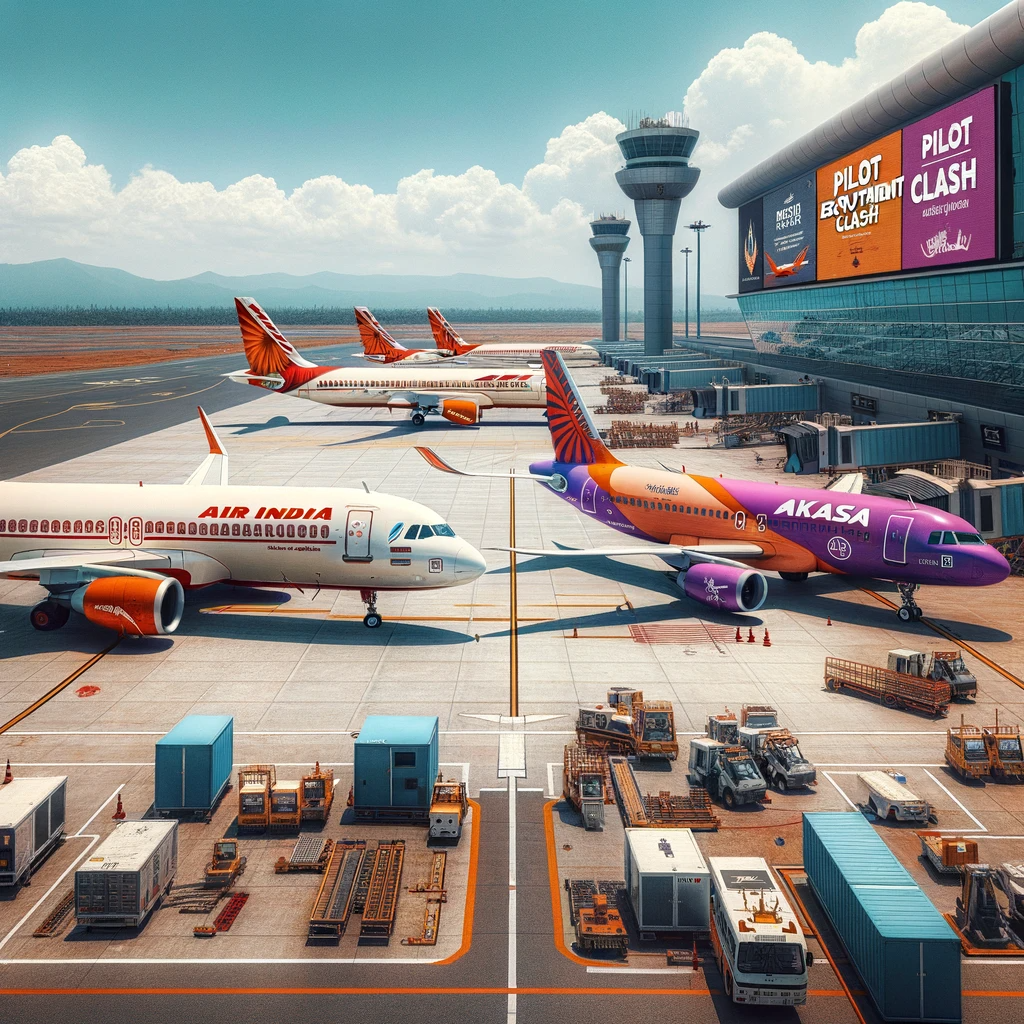 Photo of Air India and Akasa Air aircrafts parked side by side at an airport terminal. The scene depicts a sunny day with a clear blue sky