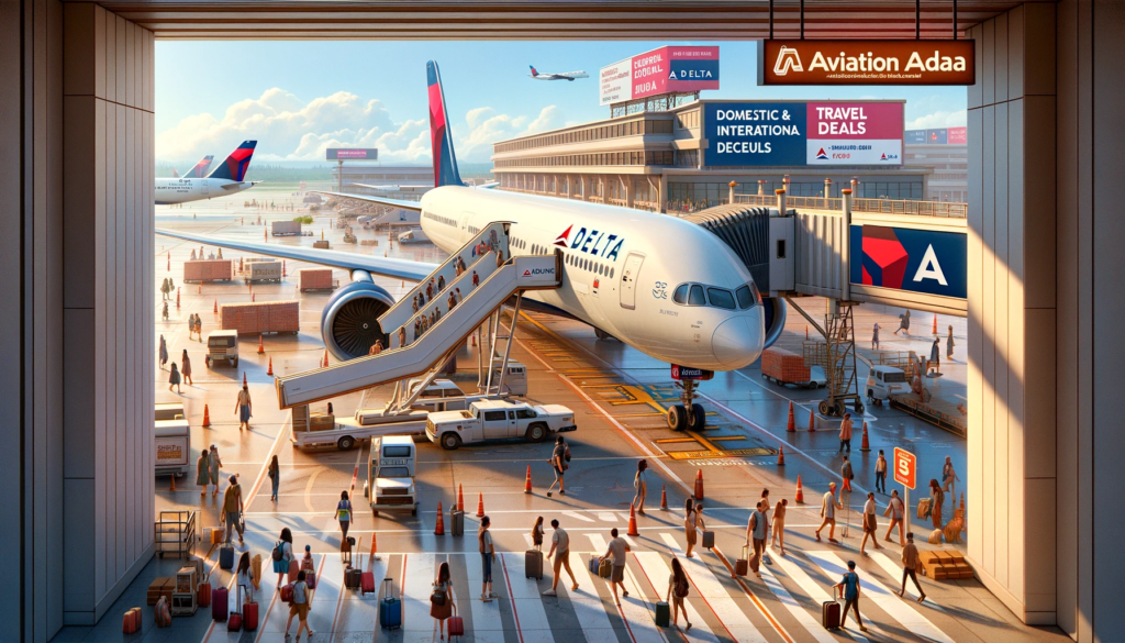 Delta Airlines aircraft parked at a bustling airport terminal, with passengers boarding via an aerobridge