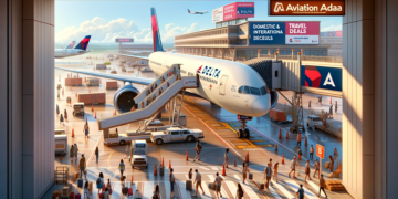 Delta Airlines aircraft parked at a bustling airport terminal, with passengers boarding via an aerobridge