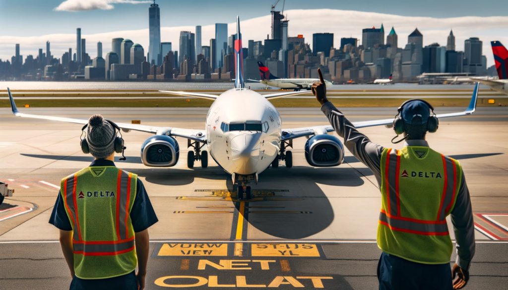 Photo of a Delta Airlines plane preparing for take-off at New York's airport with the city skyline in the background.