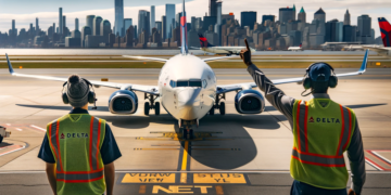 Photo of a Delta Airlines plane preparing for take-off at New York's airport with the city skyline in the background.