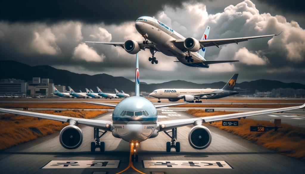 Photo-of-a-Korean-Air-aircraft-taxiing-on-the-runway-with-an-Asiana-Airlines-plane-parked-in-the-distance-symbolizing-the-takeover