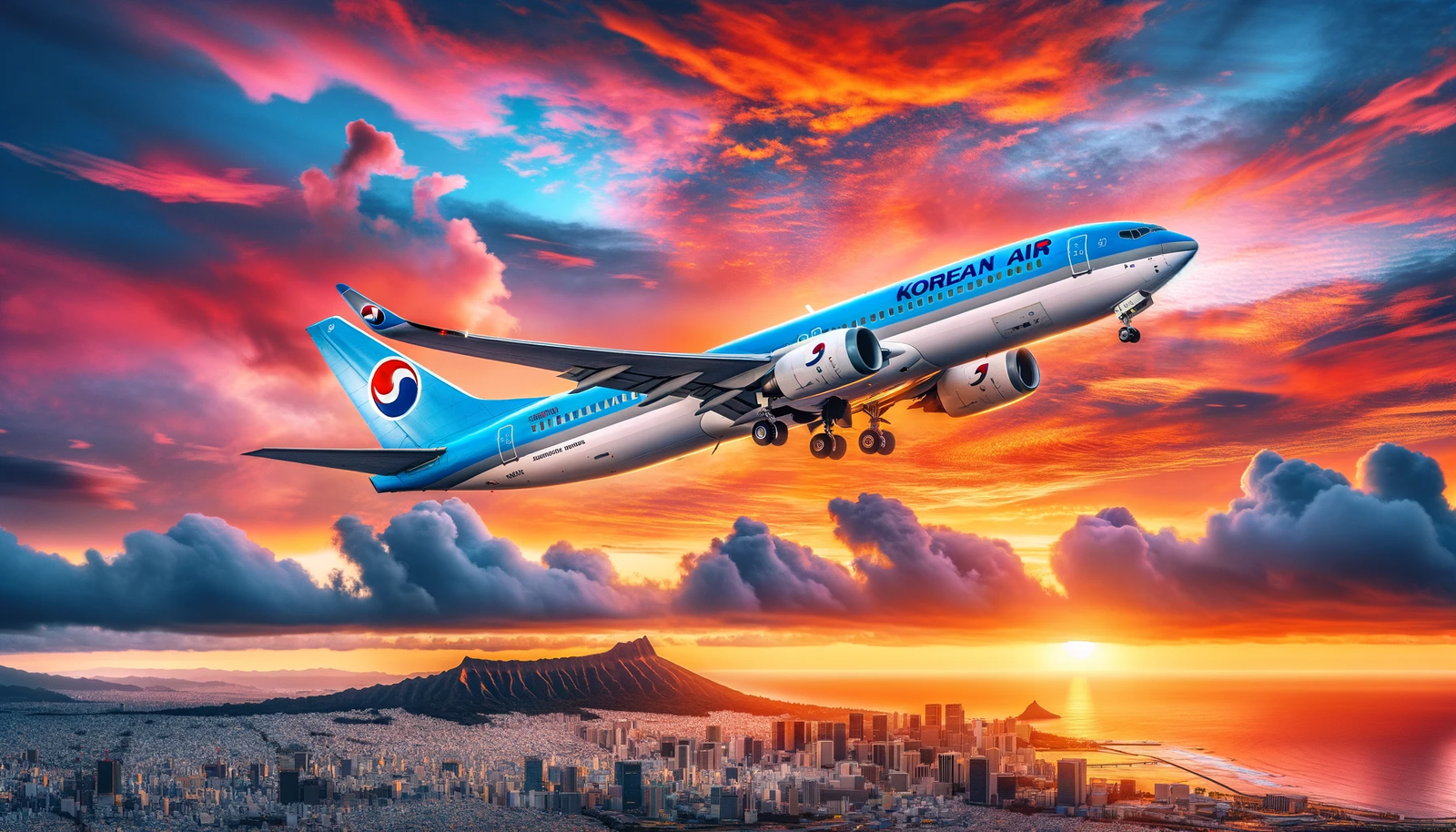 Photo-of-a-Korean-Air-airplane-taking-off-against-a-backdrop-of-a-vibrant-sunset-sky-with-the-Tokyo-cityscape-visible-below