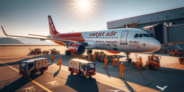 VIETJET AIR aircraft on the tarmac during daytime with the sun shining brightly. Ground crew can be seen working around the plane