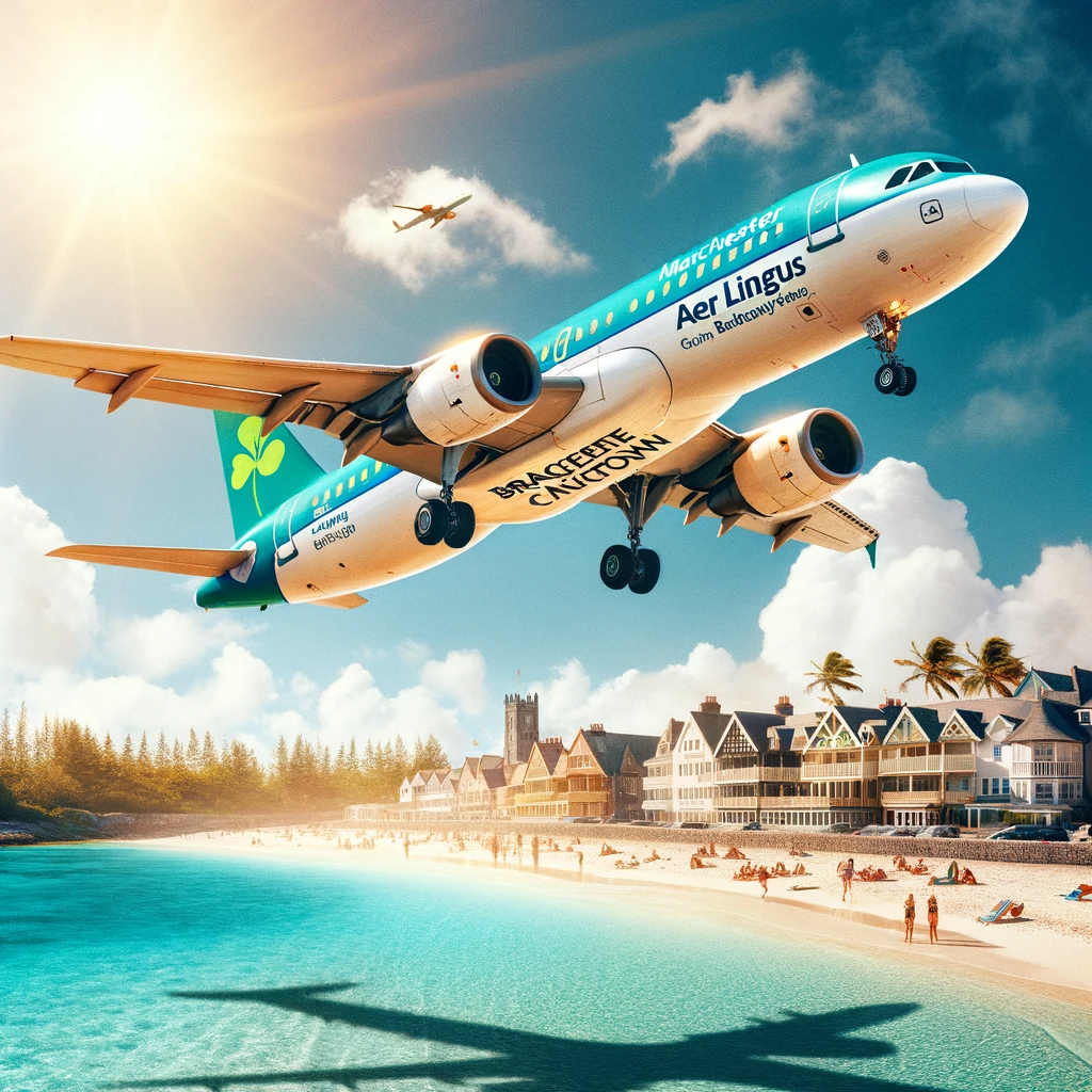 Photo-of-an-Aer-Lingus-aircraft-taking-off-into-a-sunny-sky-with-the-Manchester-and-Bridgetown-city-names-visible-on-the-plane