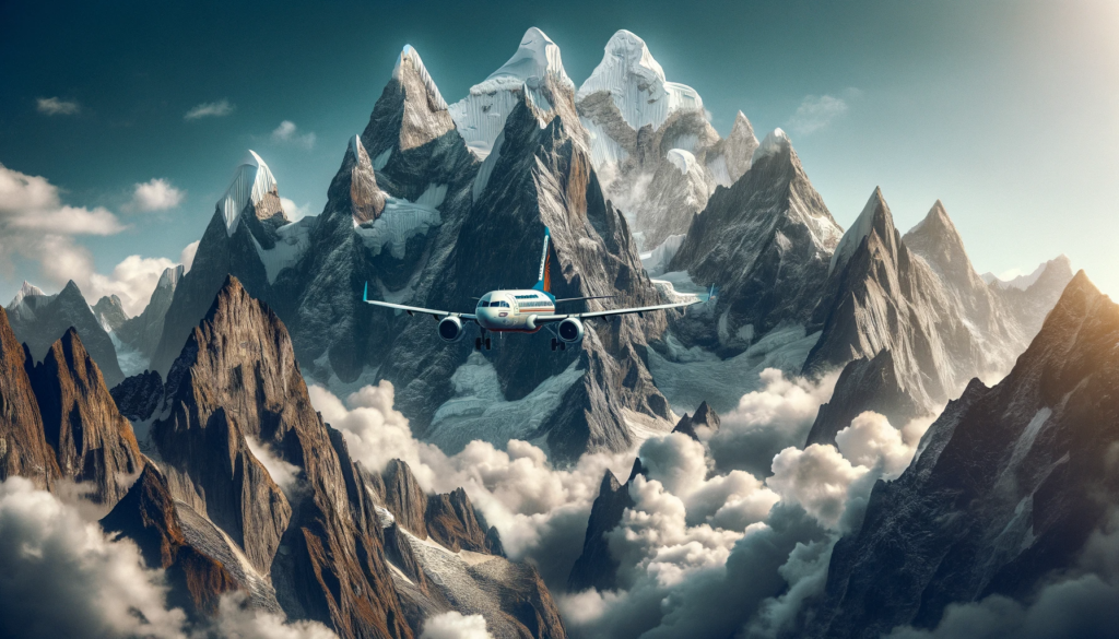 Photo of an Air India aircraft flying over towering mountain peaks, suggesting a risky and close encounter.