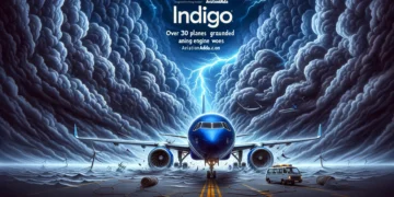 graphic-depicts-a-turbulent-sky-with-dark-storm-clouds-and-lightning-symbolizing-challenges.-In-the-forefront-an-IndiGo-airline-plane-is-shown